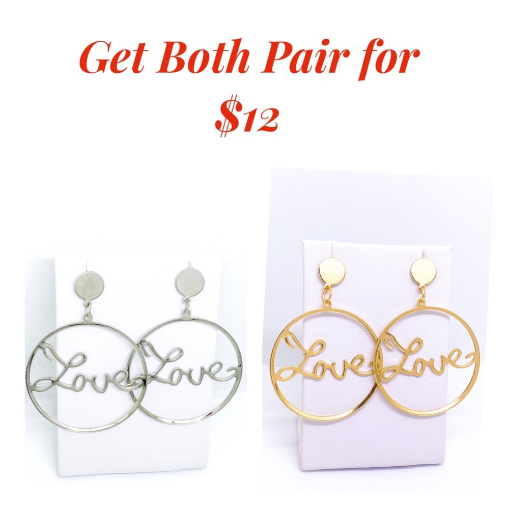 2 Pair Silver & Gold Love Hoop Earrings